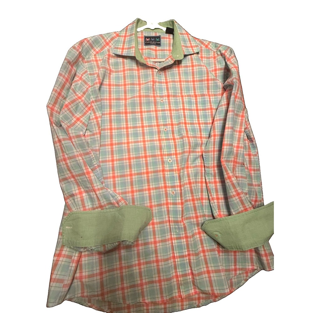 Charleston Threads Mens L Orange Blue Plaid Button Down Long Sleeve Shirt